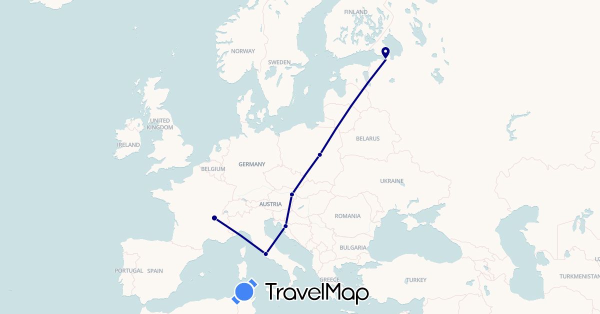 TravelMap itinerary: driving in Austria, France, Croatia, Italy, Poland, Russia (Europe)